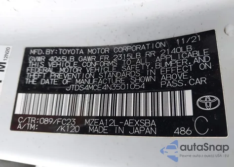 2022 Toyota Corolla Se z USA, uszkodzony, nr VIN JTDS4MCE4N3501054